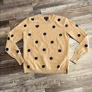 J. Crew Camel Cashmere Sweater with Black Sequined Dots